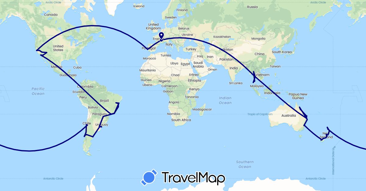 TravelMap itinerary: driving in Argentina, Australia, Brazil, Chile, France, New Zealand, Portugal, Thailand, United States, Uruguay (Asia, Europe, North America, Oceania, South America)